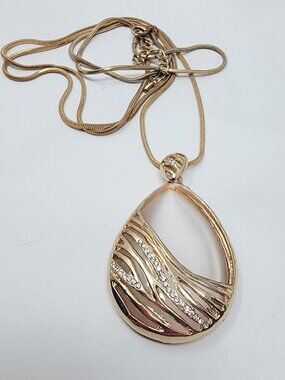 Gold Tone Open Teardrop Pendant Necklace Moonstone Glass Inlay